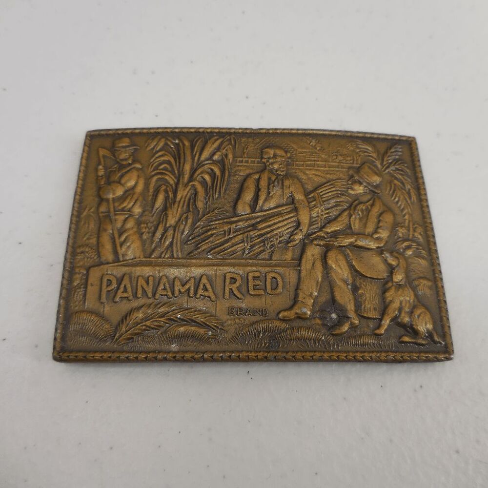 VINTAGE 1970's PANAMA RED BRASS‎ BELT BUCKLE LEWIS BUCKLE CO. 4" 1970s